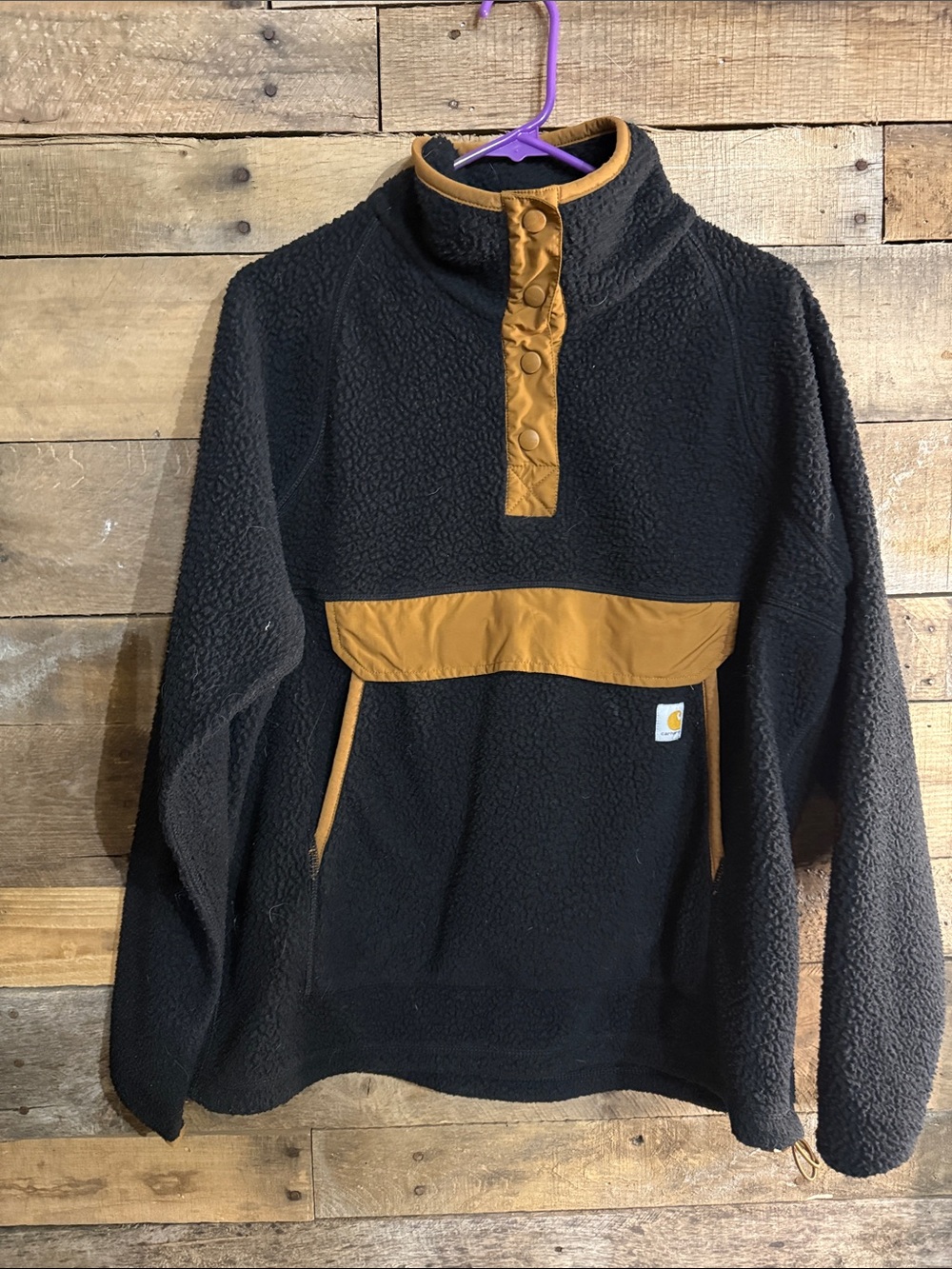 Carhartt Jacket Womens Large 12-14 Black Fleece Snap Pullover Kangaroo Pocket